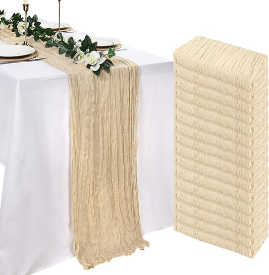 16 Pack Beige Cheesecloth Table Runner 10ft Boho Gauze Fabric 120 Inch Cheese Cloth Table Runner Rustic Sheer for Holiday Baby Shower Party Décor Home Wedding Decoration