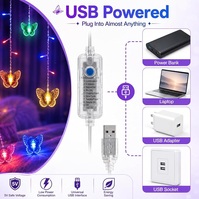 Butterfly Curtain Fairy Lights USB Plug in,8 Modes 120 LED 20FT Firefly Twinkle Timer String Lights with Remote, Waterproof for Bedroom Christmas Wedding Party (Multicolor)