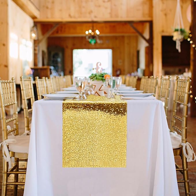 10 Packs 12 x 72 inches Gold Sequin Table Runner, Glitter Runner for Birthday Party Supplies Wedding Holiday Celebration Baby Shower Engagement Anniversary Decor