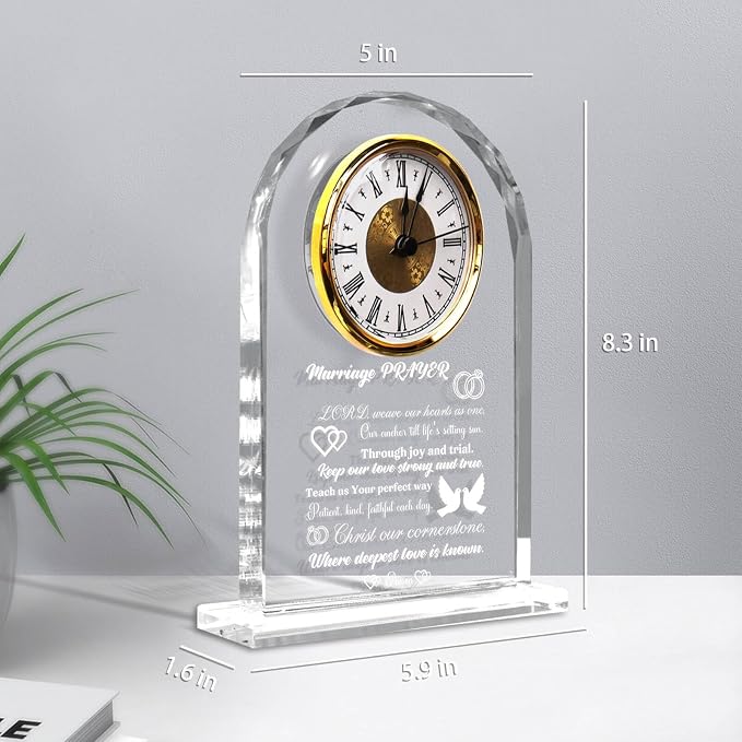 Wedding Gifts for Couples 2026 - Elegant Crystal Clock with Inspiring Quote, Marriage Prayer Keepsake for Anniversary - Unique Gifts for Bride and Groom, Newlywed Mr and Mrs