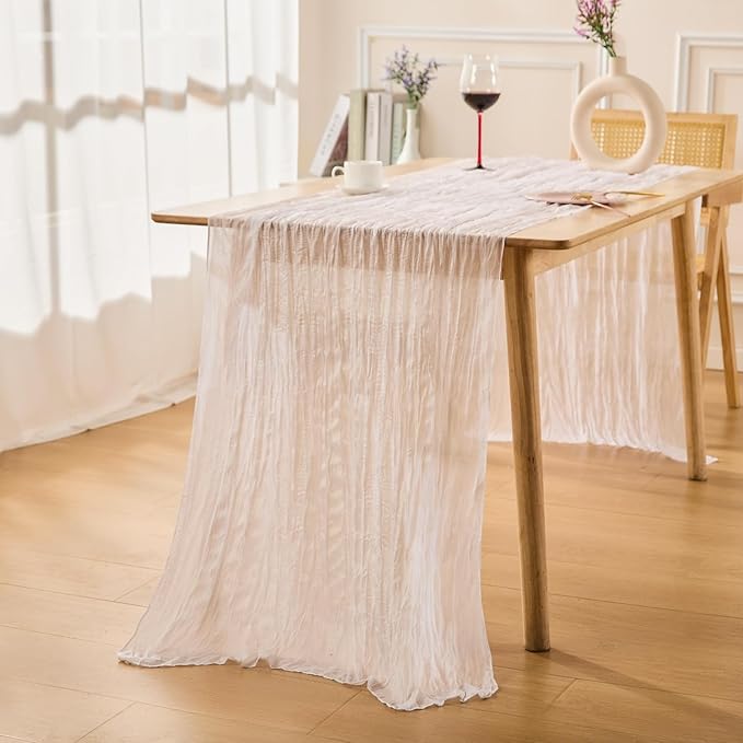 3 Pack White Spring Table Runner Boho Cheesecloth Table Runners Bulk 10 ft Gauze Sheer Mother's Day Table Centerpieces for Wedding Ceremony Anniversary Bridal Baby Shower Banquet