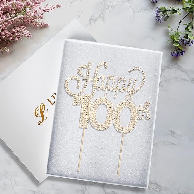 LINGTEER Happy 100th Birthday Gold Rhinestone Cake Topper - Cheers to 100th Birthday 100 Years Old Anniversary Party Cake Centerpieces Topper Decorations Gift Sign.