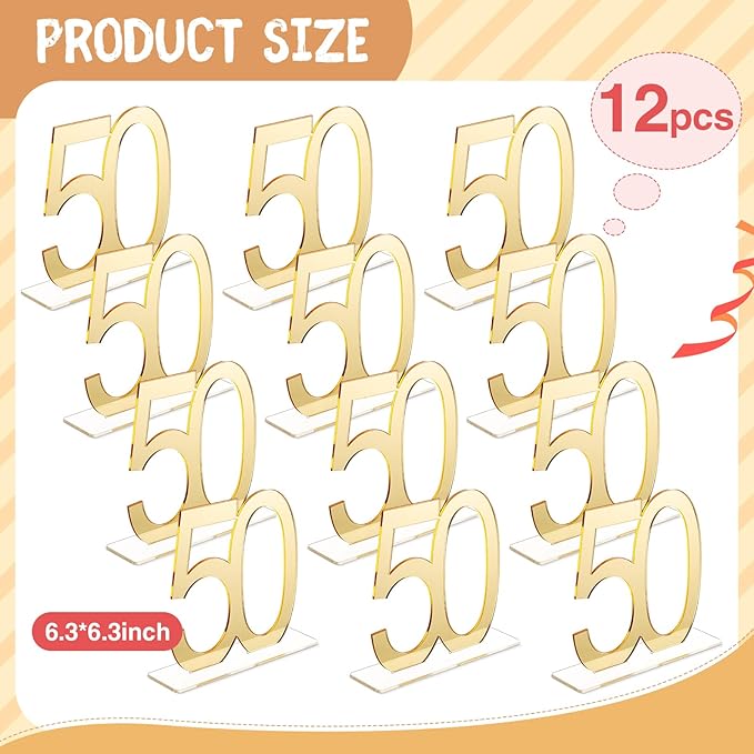 Threehoney 12 Pcs Mirror Gold 50th Birthday Decorations for Men and Women Acrylic Anniversary Decorations Table Numbers Centerpieces for Birthday Party