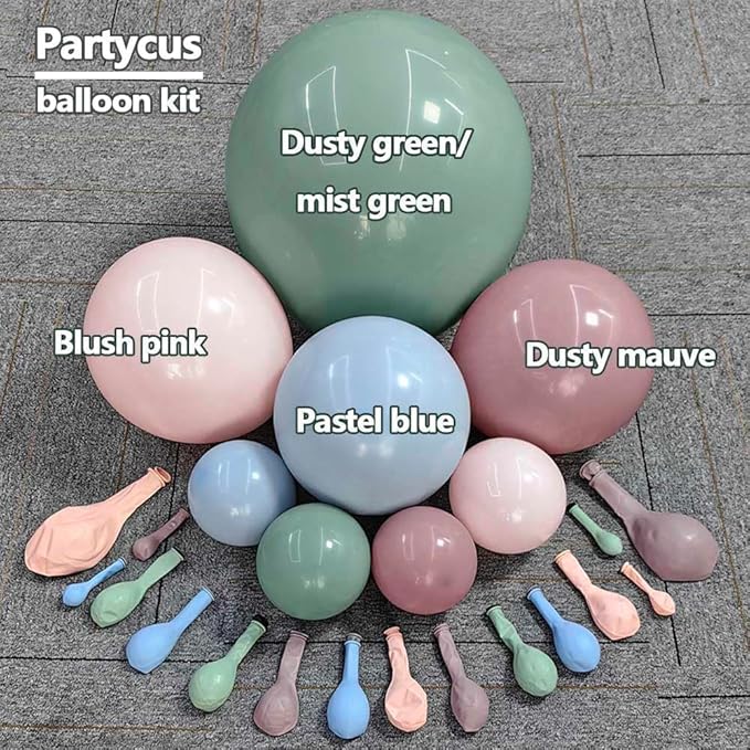 Pink Blue Green Balloon Arch Double Stuffed Dusty Green Pastel Blue Blush Mauve Latex Balloon Garland Kit for Boho Baby Shower Gender Reveal Floral Birthday Tea Party Decoration