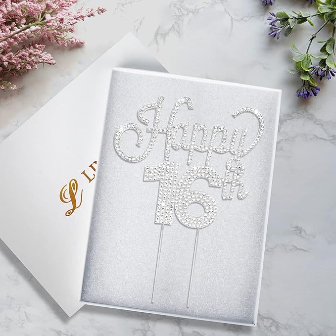 LINGTEER Happy 16th Birthday Silver Rhinestone Cake Topper - Cheers to 16th Birthday Sixteen Years Old Party Cake Centerpieces Topper Decorations Gift Sign.