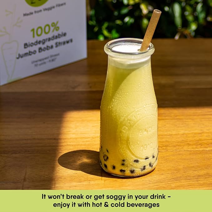 The Veggie Straws – 70 PCS of 9.80 Inches Unwrapped Biodegradable Jumbo Boba Straws – Made of Vegetable Fibers, Best Environment Friendly Drinking Straws for Hot and Cold Beverages