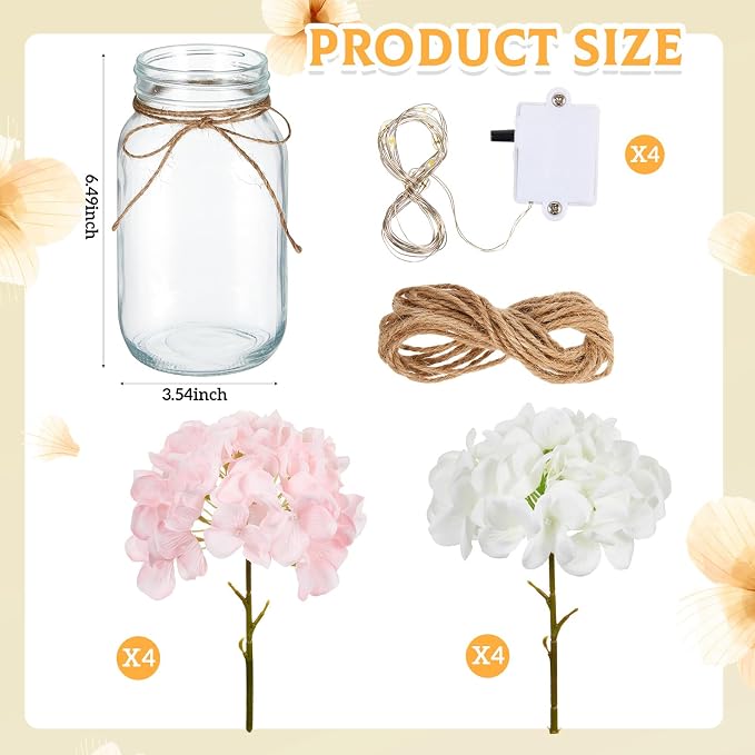 4 Sets Mason Jar with Lights Pink and White Hydrangea Decorative Pink White Centerpieces for Tables Mason Jars Flowers Decorations LED Farmhouse Vase for Home Wedding Event Party Decor