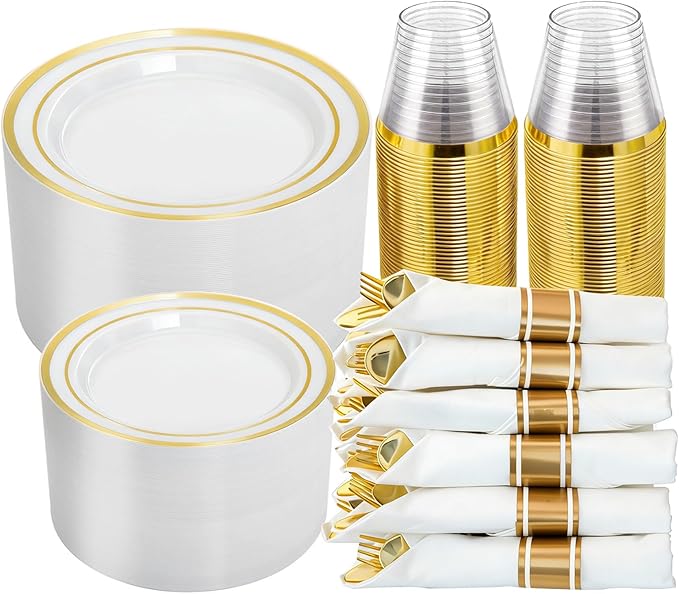 N9R 350PCS Gold Plastic Dinnerware Set for 50 Guests, Include: 50 Dinner Plates, 50 Dessert Plates, 50 Pre Rolled Napkins with Silverware and 50 Cups, White and Gold Disposable Plates for Party