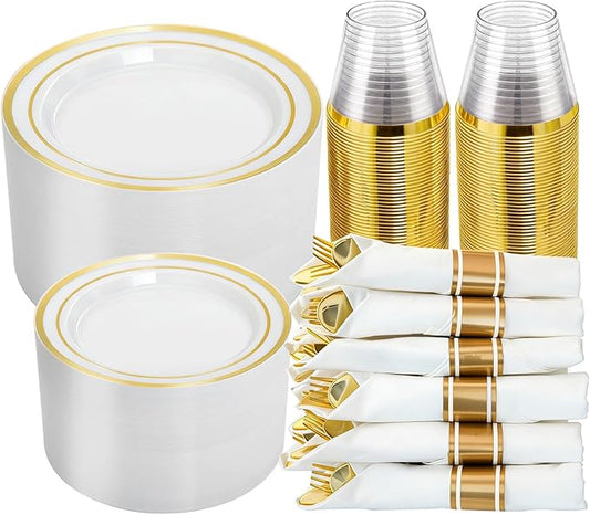N9R 350PCS Gold Plastic Dinnerware Set for 50 Guests, Include: 50 Dinner Plates, 50 Dessert Plates, 50 Pre Rolled Napkins with Silverware and 50 Cups, White and Gold Disposable Plates for Party
