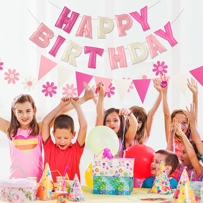 YEOCU Happy Birthday Decorations, No DIY, Pre-Strung 3D Banner | Pink&White, 3D felt banner, flower garland & flags. No DIY, reusable for kids & women.