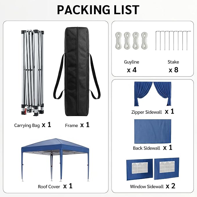 KIGOTY 10x10 FT Portable Pop Up Canopy Tent, Adjustable Height Instant Gazebo with Sidewalls, One-Push Setup Outdoor Canopy for Camping, Parties, Vendor Events (Blue, 3m × 3m)