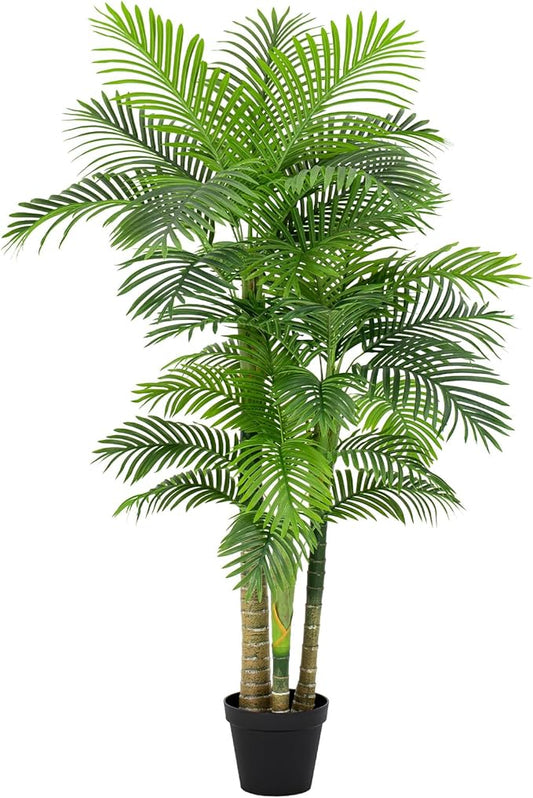 6FT Artificial Palm Tree - Tropical Faux Golden Cane Palm Tree UV Resistant Tall Fake Plant Indoor with Black Pot for Home Office Living Room Indoor Outdoor Decor Housewarming Gift