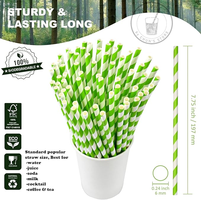 [1000 Count] 7.75 Inch Green/White Striped Paper Drinking Straws Bulk, 100% Biodegradable