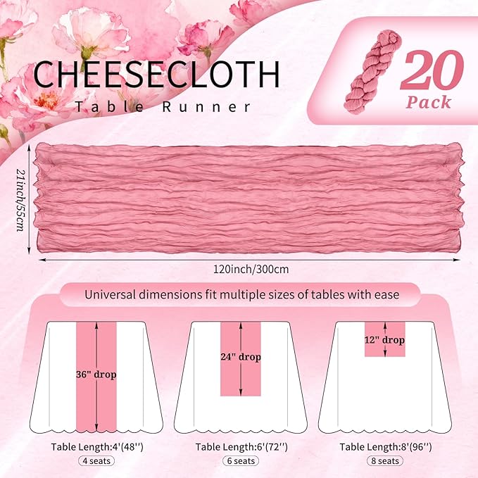 20 Pack Dusty Rose Cheesecloth Table Runner 10FT Boho Gauze Cheese Cloth Table Runners Romantic Rustic Sheer Table Decorations for Wedding Party Baby Shower Birthday Holiday Home