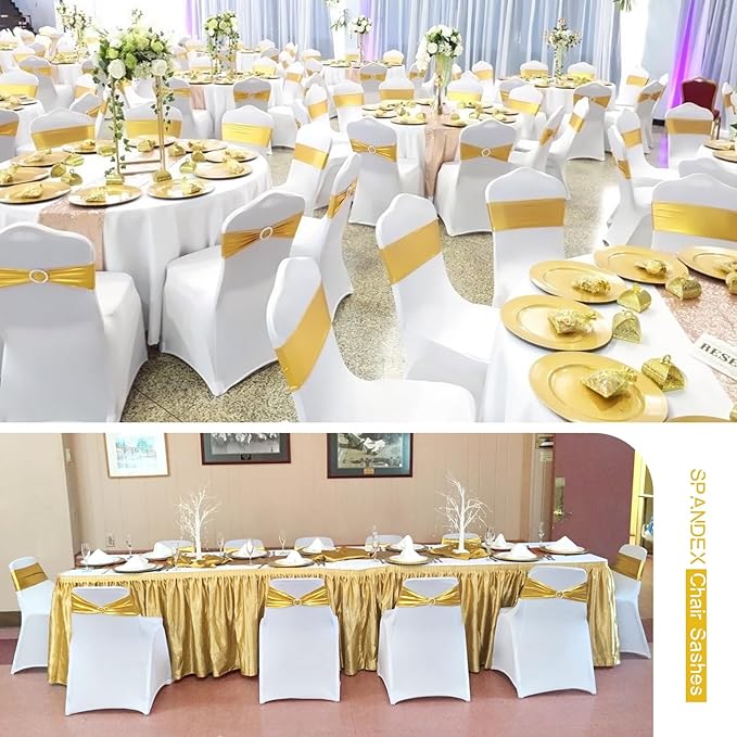 100 PCS Spandex Chair Sashes Bows Premium Stretch Chair Cover Band with Buckle Slider Universal Elastic Chair Ties for Wedding Party Ceremony Events Reception Banquet Decoration (Metallic Gold)