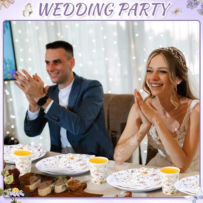 Funnymoom 250 Pcs Miss to Mrs Wildflower Party Decorations Floral Wedding Paper Plates Napkins and Cups Disposable Tableware Set for Wedding Bridal Shower Engagement Party Supplies, Serves 50