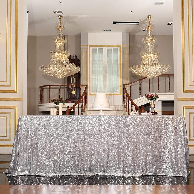 Eternal Beauty Silver Tablecloth, 90x156 Inch Sequin Rectangle Glitter Table Cover for Cake Dessert Exhibition Party Birthday Events
