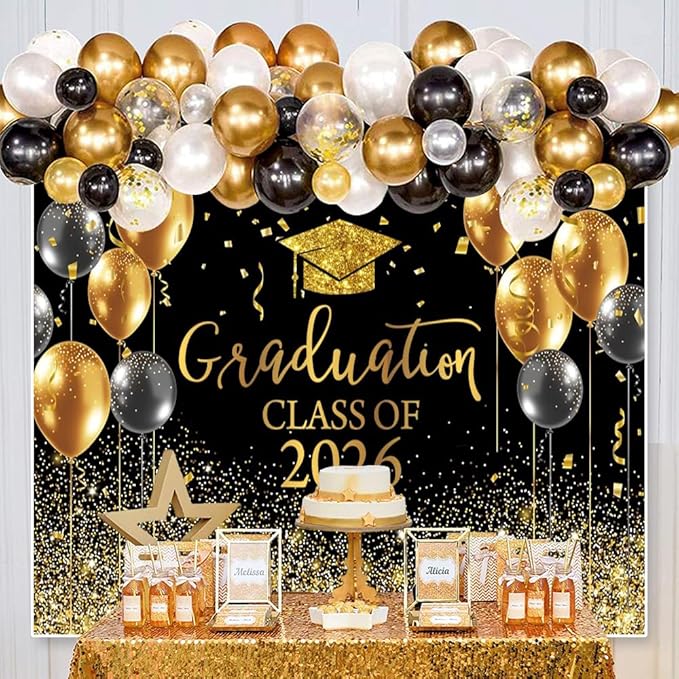 DASHAN 10x8ft Graduation Decorations Backdrop Black Gold Congrats Grad Class of 2026 Backdrop for Photography Graduation Ceremony Party Supplies Background Cake Table Banner Decor Photo Booth Props