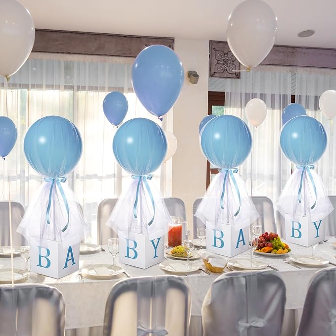 Wettarn 24" Tulle Tutu Balloon with Letter Box for Baby Shower Wedding Table Centerpieces Party Decor Balloon White Tulle Cover for Girl Boy(6 Set, Blue Boy)
