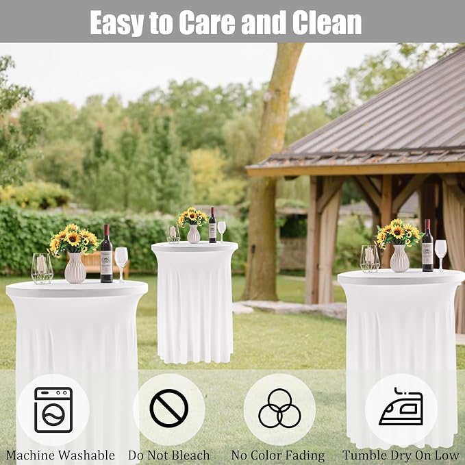 Fivenl Spandex Cocktail Table Skirt 32"x 43" White Stretch Cocktail Table Cover, Washable Round High Top Tablecloth for Bar, Wedding, Party, Events (White)