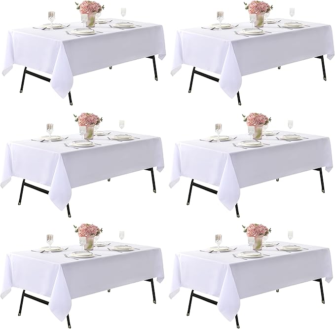 6-Pack 60x144 inch White Table Cloths, Solid Stain and Wrinkle Resistant Oblong Tablecloth, Premium Plain Weave Polyester Fabric Rectangle Table Linen Covers for Hotel, Banquet