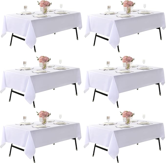 6-Pack 60x120 inch White Table Cloths, Solid Stain and Wrinkle Resistant Oblong Tablecloth, Premium Plain Weave Polyester Fabric Rectangle Table Linen Covers for Hotel, Wedding
