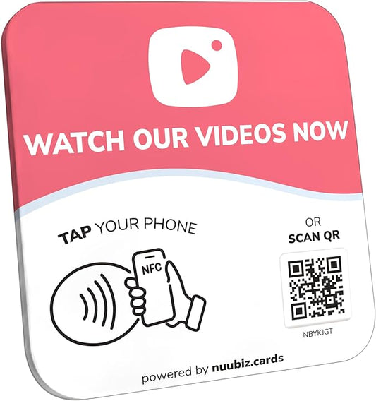 NFC Business QR Code Sign Plate for Watching Videos – Drive Offline Engagement Online – Works Like Review Tap Card & Social Media Sign – No App or Fees – Includes Stand or Adhesive