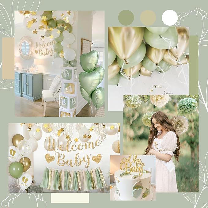 Baby Shower Decorations - Sage Green Balloons Welcome Baby Banner, Cake Topper, Paper PomPoms, Tassels, Star Banner Decor for Baby Shower Decorations Neutral Gender Reveal Party Supplies