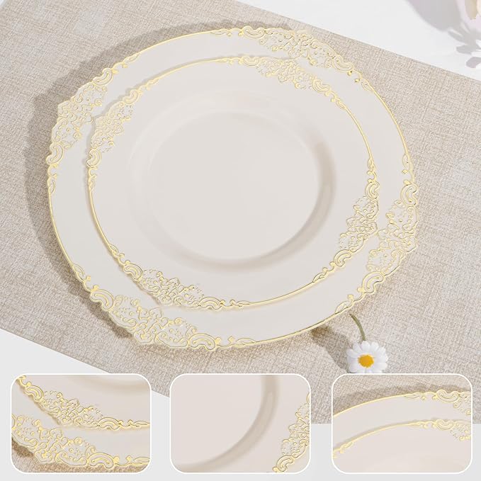 Bestluck 200 PCS Ivory and Gold Plastic Plates for 100 Guests, Gold Disposable Plates Include 100 PCS Dinner Plates, 100 PCS Dessert Plates for Party, Wedding and Graduation (200, Ivory White)