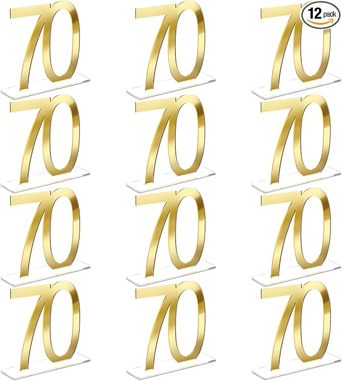Threehoney 12 Pcs Mirror Gold 70th Birthday Decorations for Men and Women Acrylic Anniversary Decorations Table Numbers Centerpieces for Birthday Party