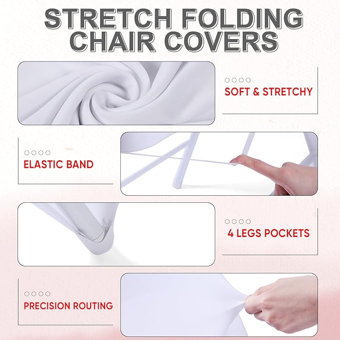 Lounsweer 50 Pcs Folding Chair Cover Set with 25 Stretch Spandex Slipcovers 25 Satin Chair Sashes Bows Ribbon Washable Banquet Protector for Wedding Event Party(White, Red)