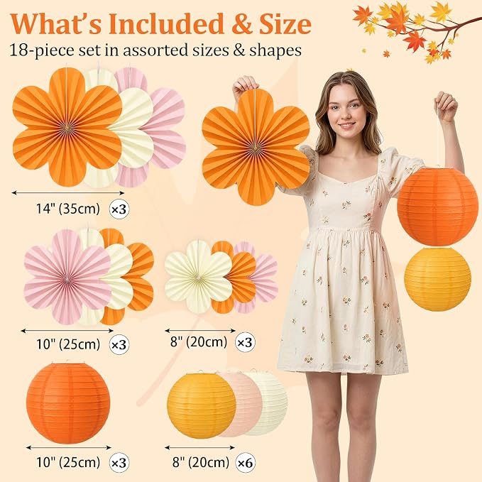Pink and Orange Party Decorations, 18Pcs Paper Lanterns & Flower Fans Set | 8"-14" layered hanging decor for one sweet birthdays, sunset parties, citrus spritz themes, bridal showers and baby showers
