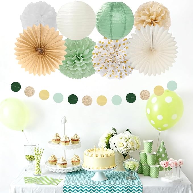 Sage-Green White Bridal-Shower Bachelorette Party-Decorations - 22pcs Gold Bride To Be Banner, Paper Lanterns Streamers, Tissue Pom Poms Flowers Fans Wedding Camp Theme Decor Backdrop Hugmoon