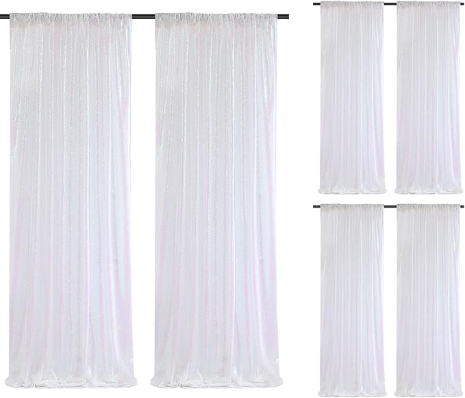 SoarDream White Iridescent Sequin Backdrop Curtains 6 Pieces 2ft x 8ft Sequin Fabric Backdrop Glitter Drapes Baby Shower Background Christmas Party Decoration