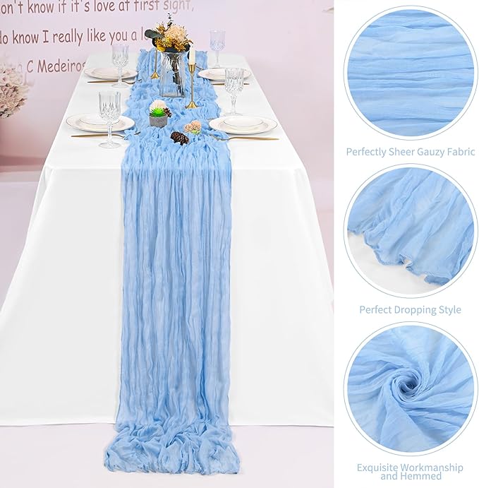 8 Pack Light Blue Cheesecloth Table Runner 120 Inch 10FT Spring Boho Rustic Sheer Gauze Cheese Cloth Table Runner for Wedding Baby Shower Birthday Party Table Decor