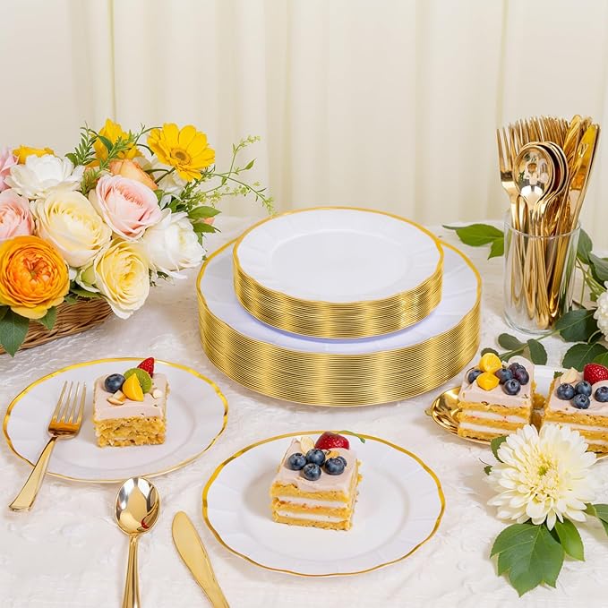 ejonirinjonir EI 150pcs White Plastic Plates with Gold Plastic Silverware,Disposable Plate Heavy Duty,White Dinnerware Set,Elegant Plates for Party,Wedding,Afternoon Tea,Spring,Valentine's Day