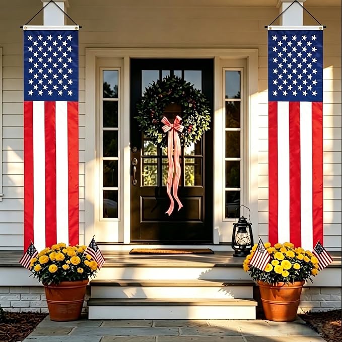 Bradford American Door Banners 2 pcs 250 Anniversary Decorations, Embroidered 20x96 Inch Hanging USA US Flags with 2 Brass Grommets for Memorial Day 4th of July Décor
