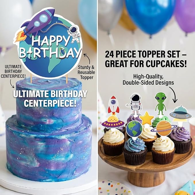 PTORZINY Outer Space Party Decorations, Astronaut Birthday Decorations, Space Decoration, Birthday Party Supplies Includes Space Balloons, Backdrop, Banner, Tablecloth, Cupcake Toppers
