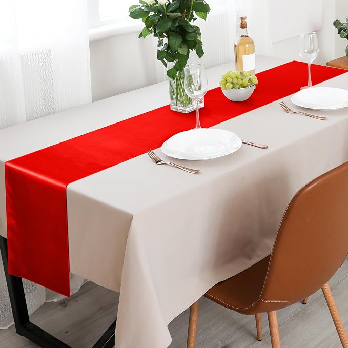 ANECO 4 Pack Satin Table Runner 12 x 108Inch Long Bright Silk and Smooth Fabric Party Table Runner for Wedding Banquet Party Decoration- Red