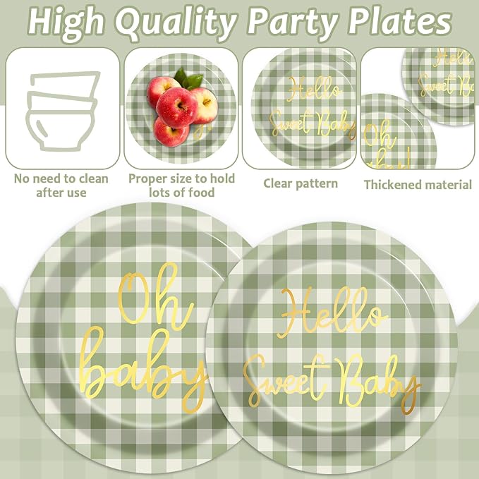 96PCS Sage Green Baby Shower Decorations Gold Sage Green Checkered Paper Plates Scalloped Napkins Tableware Set Hello Sweet Baby Disposable Dinnerware Favor for Gender Reveal Birthday Party Supplies