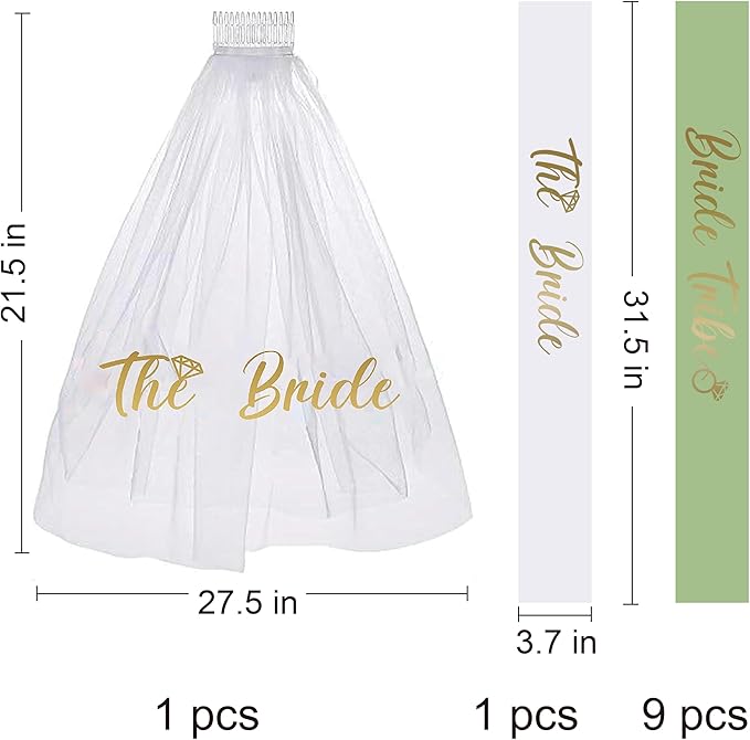 PartyGifts&beyond Bachelorette Party Favors Bride to Be Sash and Veil Set Bachelorette Sashes Bridal Shower Gifts Bride Tribe Sash (Sage Green, 11pcs)