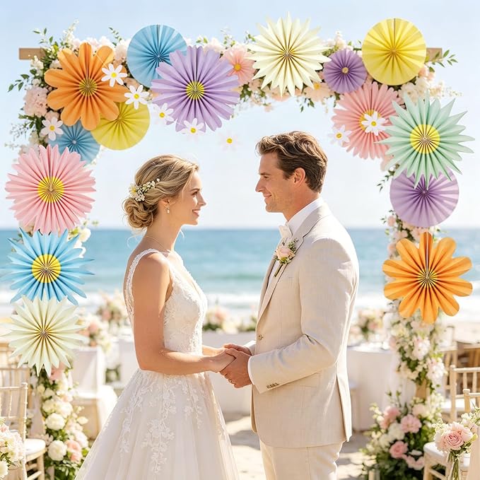 PAPER JAZZ 12pcs Pastel Paper Flower Decorations - Daisy Paper Fan Backdrop for Birthday Party, Baby Shower, Wedding, Spring & Summer Events,Spring Hanging Flower for Classroom Garden