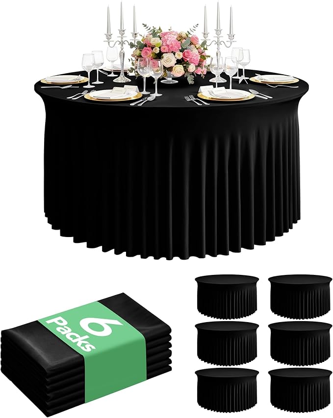 6 Pack Spandex Table Cover Skirts for 60 inch Round Tables, Black Stretch Table Cloths with Floor-Length Ruffle, Elastic Fitted Skirted Tablecloth for Elegant Wedding Banquet Party Buffet Decoration