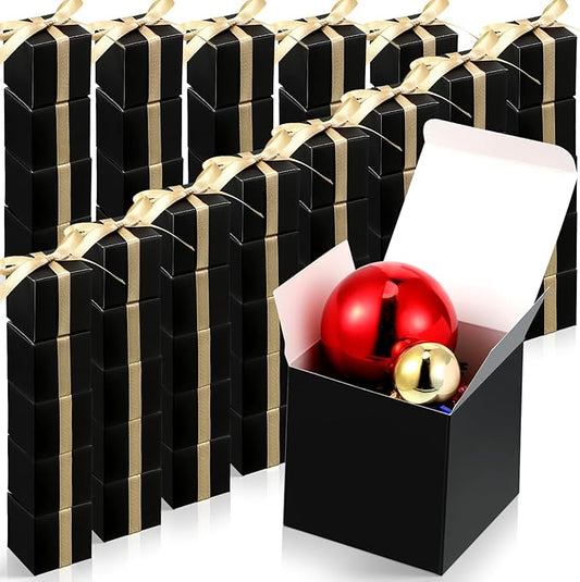 Jutom 100 Pcs Mini Favor Boxes Extra Small Candy Boxes Paper with Gold Ribbon for Baby Shower Birthday Wedding Anniversary Supplies(3 x 3 x 3 Inch,Black)
