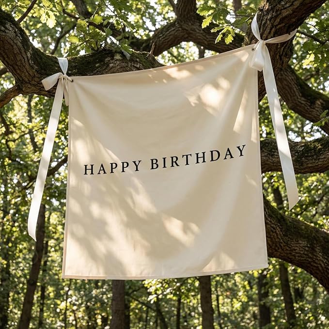 Oudain 59x59 Inch Happy Birthday Burlap Banner, Fabric Party Decorations Backdrop, Boho Rustic Photo Props Sign with Hanging String for Birthday Party Indoor Outdoor Yard Wall Decor