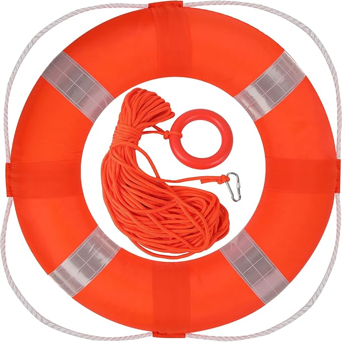 Calvana 20" Foam Life Preserver Ring with 98.4ft Floating Lifesaving Rope, Throwable Flotation Device, Pool Safety Float, for Buoy and Swimming Decoration, Boat Safety Equipment