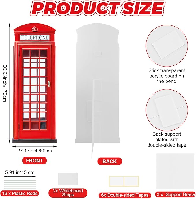 6 Ft Red British Phone Booth Cardboard Cutout English Telephone Booth Stand up Cutout Life Size Classic Red Telephone Box Prop for British Theme Birthday Party Graduation Office Event Decor