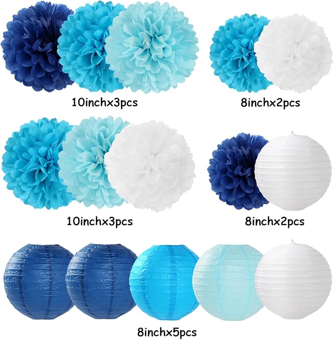Blue-White Birthday Party-Decorations Paper-Flowers Lanterns - 15PCS Light Royal Tissue Pom Poms Streamers,Classroom Ocean Themed Baby Bridal Shower Bachelorette Wedding Hanging Supplies Decor Hugfond