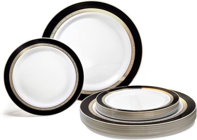 OCCASIONS 50-Piece Plastic Plates Set for 25 Guests – Heavy Duty Disposable Dinner & Dessert Plates, BPA-Free,Fancy Party/Wedding Dinnerware, Ritz Black & Gold