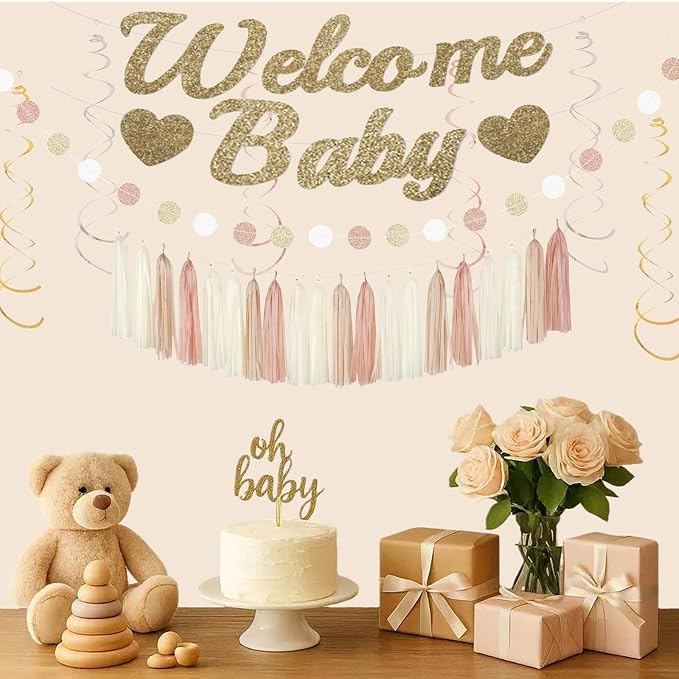 Champagne Gold Beige Baby Shower Party Decorations, Welcome Baby Banner, Paper Pompoms, Lanterns, Fans, Hanging Swirls, Circle Dots Garland Tassel Garland for Baby Shower Decorations 37pcs